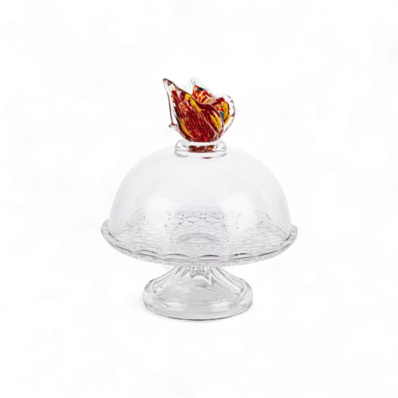 Amber Kelebekli Cam Kek Standı