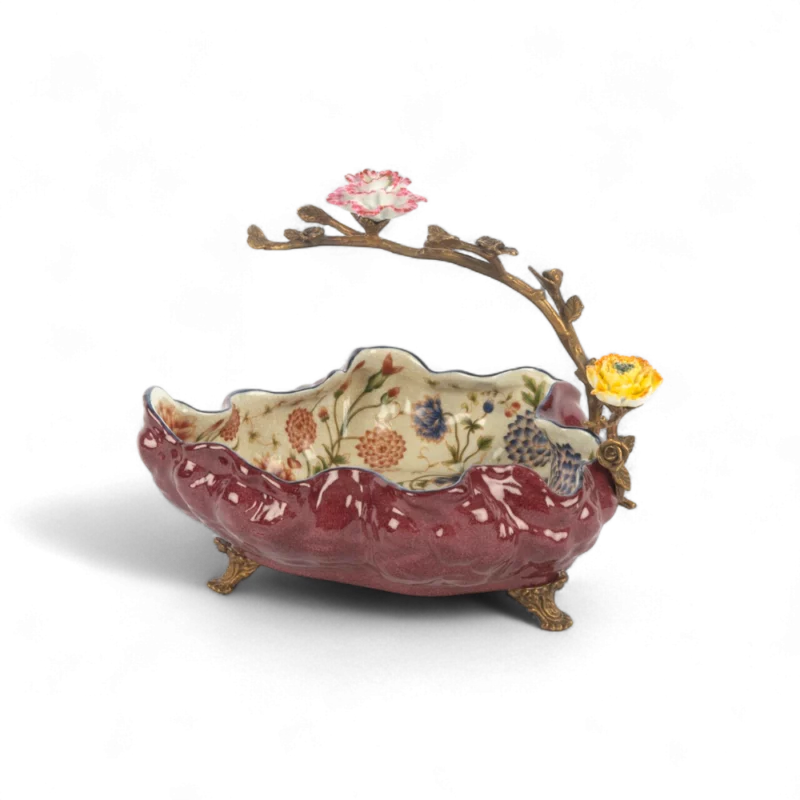 Bordo Çiçek Saplı Dekoratif Kase