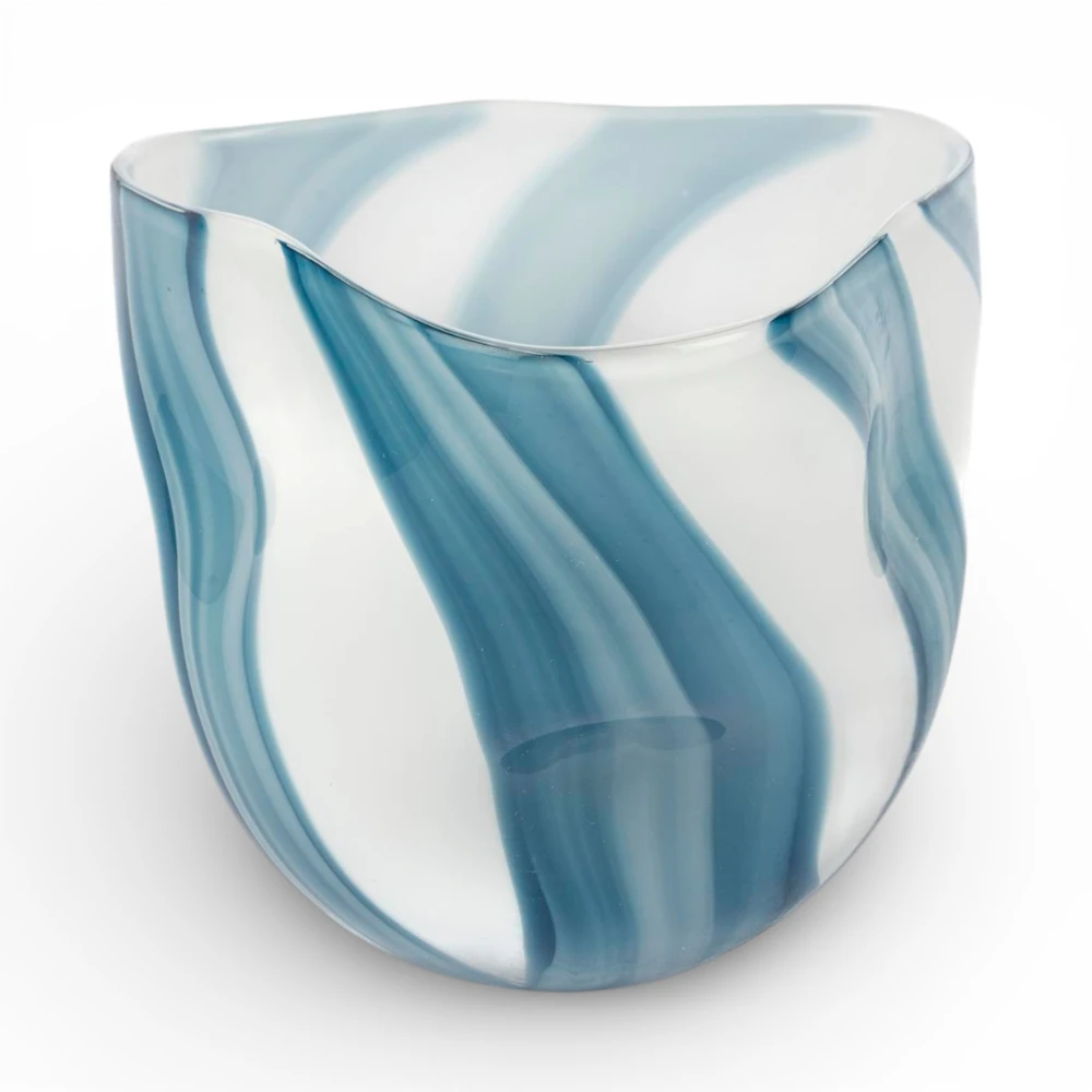 Çizgili Mavi-Beyaz Cam Vazo 23 CM