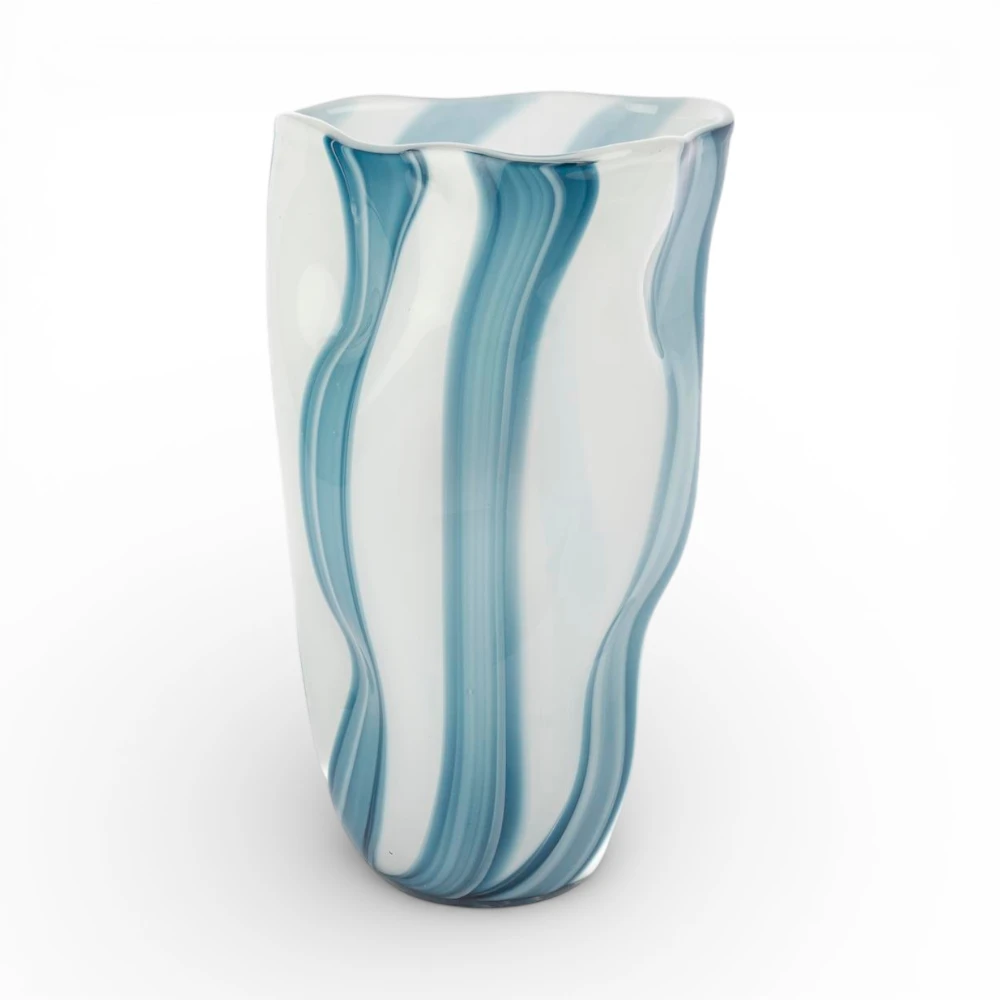 Çizgili Mavi-Beyaz Cam Vazo 36 CM